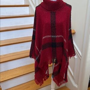 Cozy Red Turtleneck Plaid Poncho